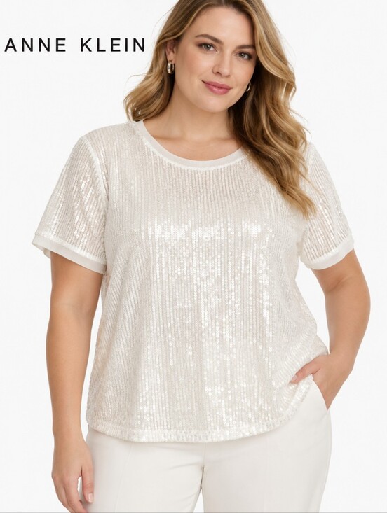 Anne Klein Tops - Anne Klein White Sequin Short Sleeve Top Blouse Size XL